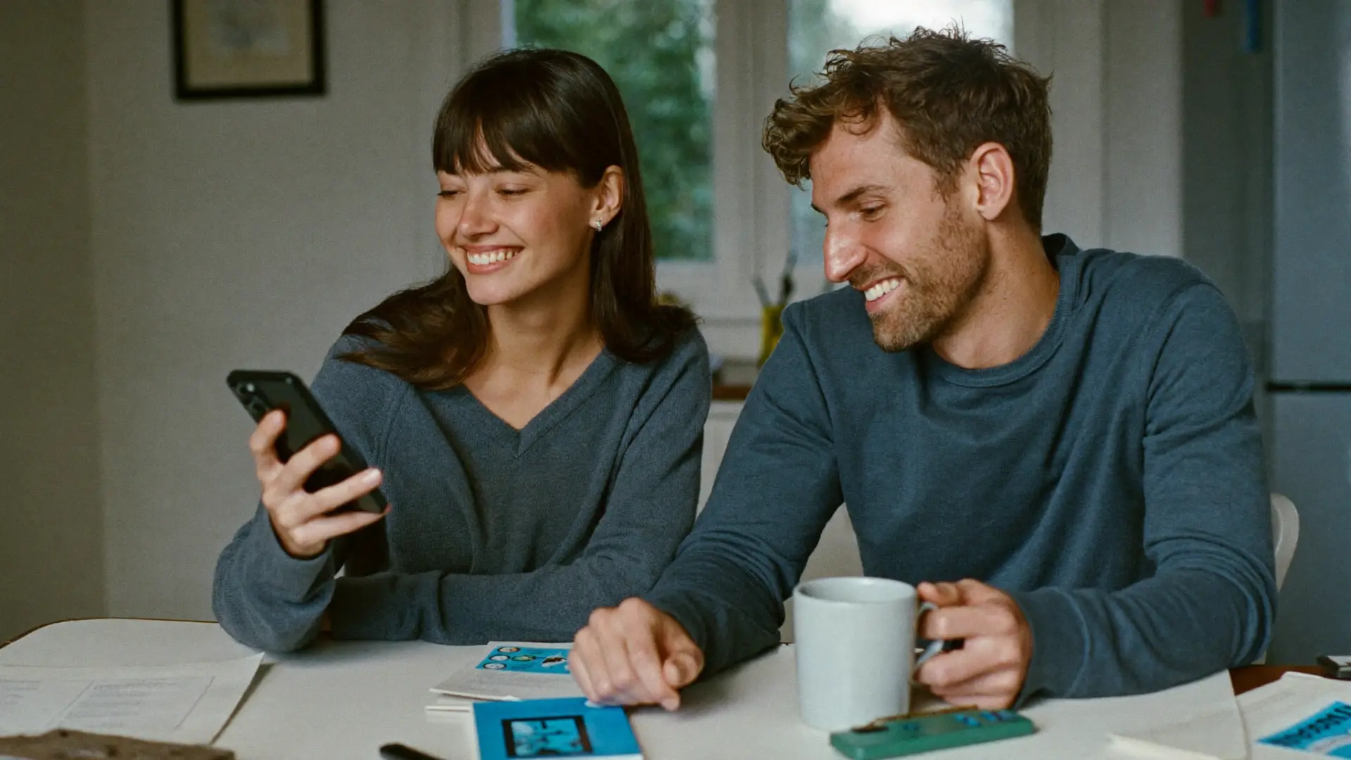 A couple at their kitchen table, planning the month together on one phone