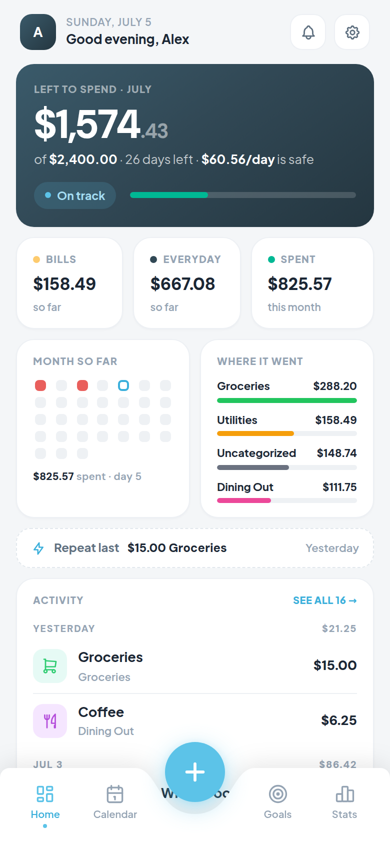 The Lista dashboard: amount left to spend this month, bills and everyday spending, and recent activity